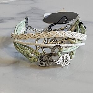 NWT - Silver and Green Owl Charm Braided Accent  Bracelet